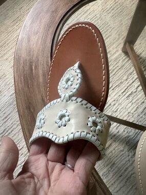 Jack Rogers Cream Leather Toe-Post Sandals with Tan Footbed